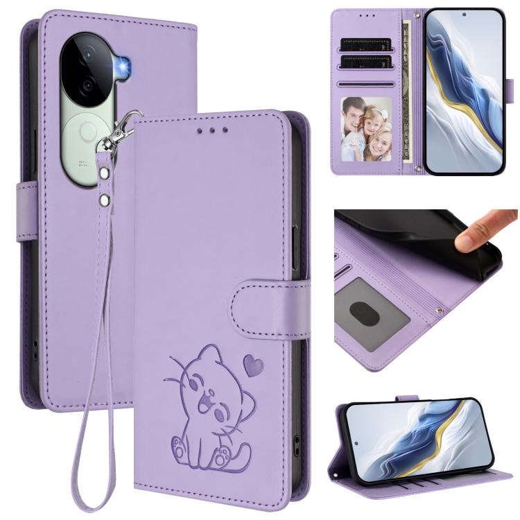 Embossed Heart Cat Leather Phone Case with Hand Strap, For vivo iQOO Z9s / vivo V40e, For vivo S19 Pro / V40 / V40 Pro / T3 Ultra, For vivo iQOO Z9 Lite / Y18 / Y28s / Y37m 5G, For vivo iQOO Z9s Pro / vivo T3 Pro 5G, For vivo V40 Lite 5G / vivo V30e   ...