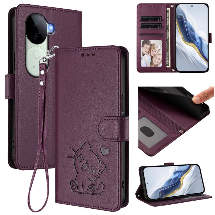 Embossed Heart Cat Leather Phone Case with Hand Strap, For vivo iQOO Z9s / vivo V40e, For vivo S19 Pro / V40 / V40 Pro / T3 Ultra, For vivo iQOO Z9 Lite / Y18 / Y28s / Y37m 5G, For vivo iQOO Z9s Pro / vivo T3 Pro 5G, For vivo V40 Lite 5G / vivo V30e   ...