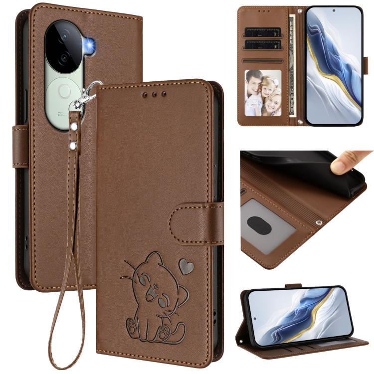 Embossed Heart Cat Leather Phone Case with Hand Strap, For vivo iQOO Z9s / vivo V40e, For vivo S19 Pro / V40 / V40 Pro / T3 Ultra, For vivo iQOO Z9 Lite / Y18 / Y28s / Y37m 5G, For vivo iQOO Z9s Pro / vivo T3 Pro 5G, For vivo V40 Lite 5G / vivo V30e   ...