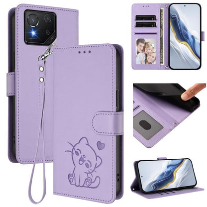 Embossed Heart Cat Leather Phone Case with Hand Strap, For ASUS Zenfone 12 Ultra, For ASUS ROG Phone 9 / 9 Pro, For ASUS Zenfone 11 Ultra, For ASUS ROG Phone 8 / 8 Pro