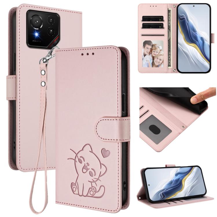 Embossed Heart Cat Leather Phone Case with Hand Strap, For ASUS Zenfone 12 Ultra, For ASUS ROG Phone 9 / 9 Pro, For ASUS Zenfone 11 Ultra, For ASUS ROG Phone 8 / 8 Pro