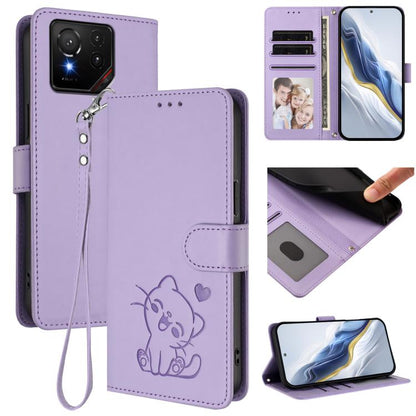 Embossed Heart Cat Leather Phone Case with Hand Strap, For ASUS Zenfone 12 Ultra, For ASUS ROG Phone 9 / 9 Pro, For ASUS Zenfone 11 Ultra, For ASUS ROG Phone 8 / 8 Pro