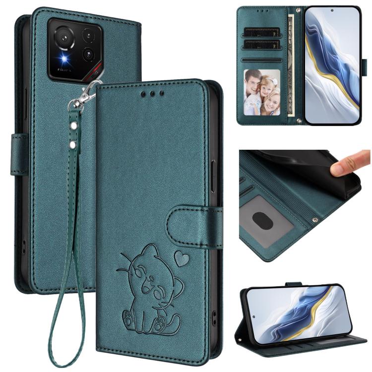Embossed Heart Cat Leather Phone Case with Hand Strap, For ASUS Zenfone 12 Ultra, For ASUS ROG Phone 9 / 9 Pro, For ASUS Zenfone 11 Ultra, For ASUS ROG Phone 8 / 8 Pro