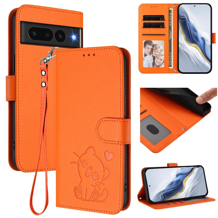 Embossed Heart Cat Leather Phone Case with Hand Strap, For Google Pixel 7 Pro, For Google Pixel 7, For Google Pixel 6a