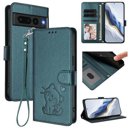 Embossed Heart Cat Leather Phone Case with Hand Strap, For Google Pixel 7 Pro, For Google Pixel 7, For Google Pixel 6a