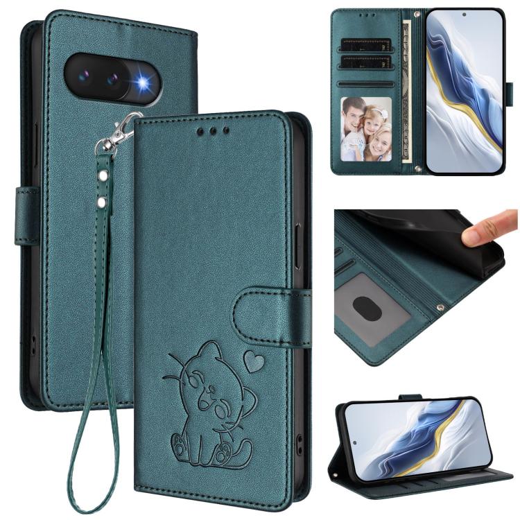 Embossed Heart Cat Leather Phone Case with Hand Strap, For Google Pixel 11 Pro XL, For Google Pixel 11 Pro / Pixel 11, For Google Pixel 10 Pro XL / 9 Pro XL, For Google Pixel 10 / 10 Pro / 9 Pro, For Google Pixel 9a, For Google Pixel 8a                ...
