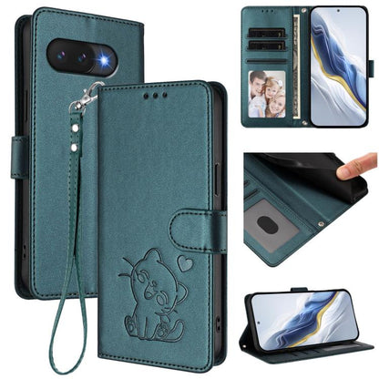 Embossed Heart Cat Leather Phone Case with Hand Strap, For Google Pixel 11 Pro XL, For Google Pixel 11 Pro / Pixel 11, For Google Pixel 10 Pro XL / 9 Pro XL, For Google Pixel 10 / 10 Pro / 9 Pro, For Google Pixel 9a, For Google Pixel 8a                ...