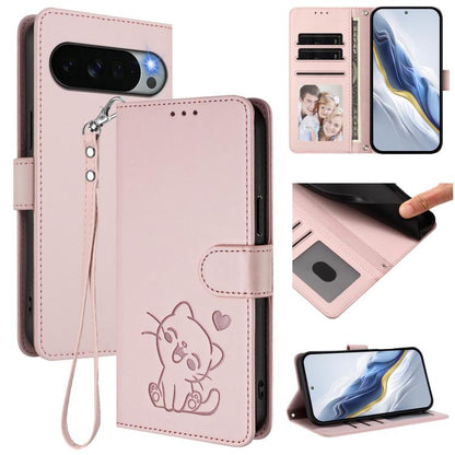 Embossed Heart Cat Leather Phone Case with Hand Strap, For Google Pixel 11 Pro XL, For Google Pixel 11 Pro / Pixel 11, For Google Pixel 10 Pro XL / 9 Pro XL, For Google Pixel 10 / 10 Pro / 9 Pro, For Google Pixel 9a, For Google Pixel 8a                ...