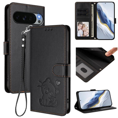 Embossed Heart Cat Leather Phone Case with Hand Strap, For Google Pixel 11 Pro XL, For Google Pixel 11 Pro / Pixel 11, For Google Pixel 10 Pro XL / 9 Pro XL, For Google Pixel 10 / 10 Pro / 9 Pro, For Google Pixel 9a, For Google Pixel 8a                ...