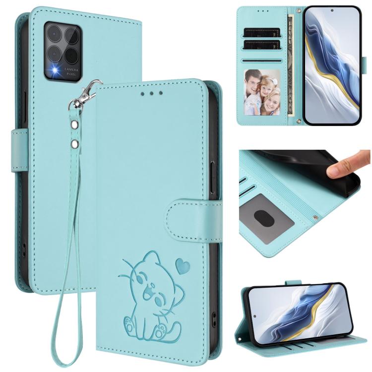 Embossed Heart Cat Leather Phone Case with Hand Strap, For T-Mobile Revvl 8 / T Phone 3, For T-Mobile Revvl 7 Pro / T Phone 2 Pro 5G, For T-Mobile Revvl 7 / T Phone 2 5G, For T-Mobile Revvl 6 Pro 5G / 6X Pro 5G, For T-Mobile Revvl 6 / 6X