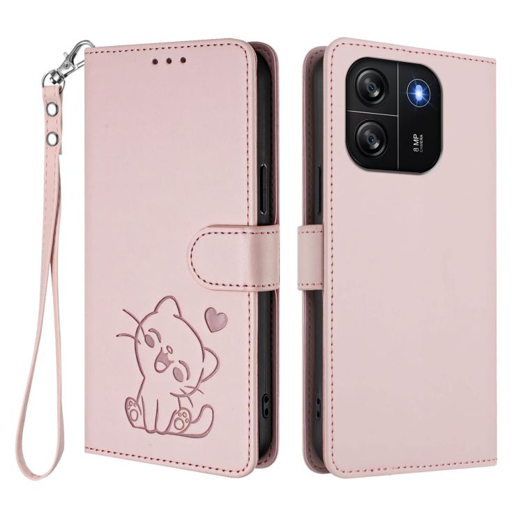 Embossed Heart Cat Leather Phone Case with Hand Strap, For Blackview Wave 6C, For Blackview Shark 8 / Oscal Tiger 12, For Blackview A52 / A52 Pro, For Blackview A53
