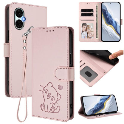 Embossed Heart Cat Leather Phone Case with Hand Strap, For BLU View Speed 5G B1550VL, For BLU G53
