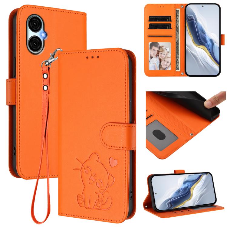 Embossed Heart Cat Leather Phone Case with Hand Strap, For BLU View Speed 5G B1550VL, For BLU G53
