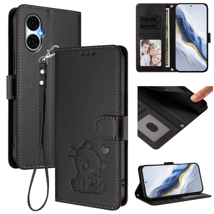 Embossed Heart Cat Leather Phone Case with Hand Strap, For BLU View Speed 5G B1550VL, For BLU G53