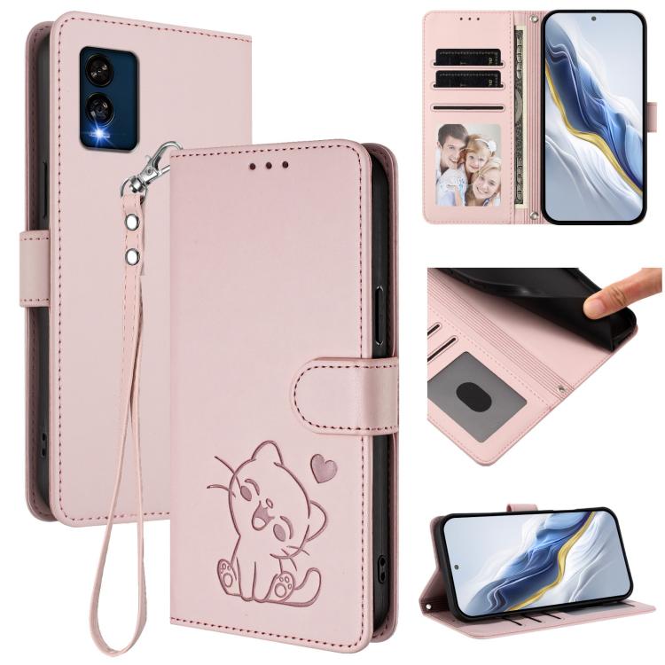 Embossed Heart Cat Leather Phone Case with Hand Strap, For BLU View Speed 5G B1550VL, For BLU G53