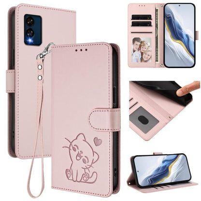 Embossed Heart Cat Leather Phone Case with Hand Strap, For BLU View Speed 5G B1550VL, For BLU G53