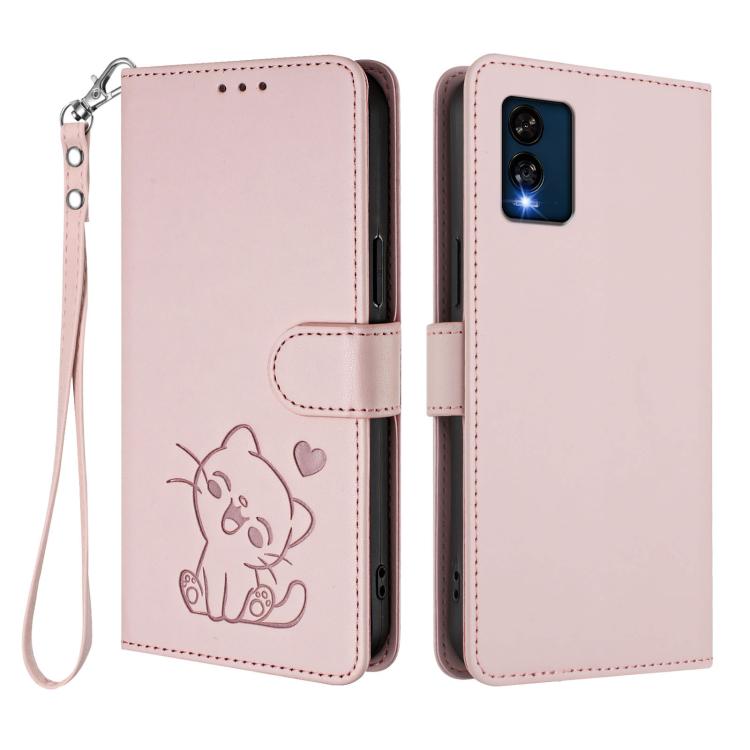 Embossed Heart Cat Leather Phone Case with Hand Strap, For BLU View Speed 5G B1550VL, For BLU G53