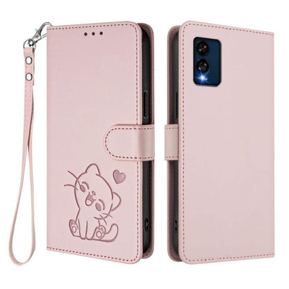 Embossed Heart Cat Leather Phone Case with Hand Strap, For BLU View Speed 5G B1550VL, For BLU G53