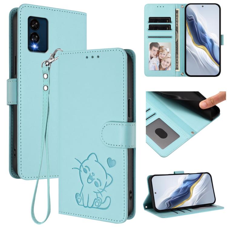 Embossed Heart Cat Leather Phone Case with Hand Strap, For BLU View Speed 5G B1550VL, For BLU G53