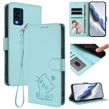 Embossed Heart Cat Leather Phone Case with Hand Strap, For BLU View Speed 5G B1550VL, For BLU G53