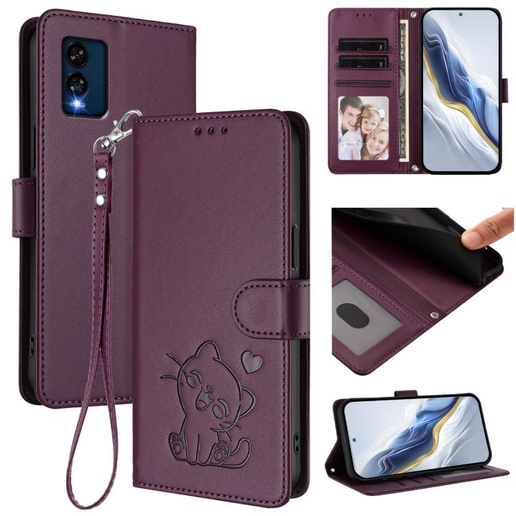 Embossed Heart Cat Leather Phone Case with Hand Strap, For BLU View Speed 5G B1550VL, For BLU G53