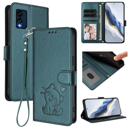 Embossed Heart Cat Leather Phone Case with Hand Strap, For BLU View Speed 5G B1550VL, For BLU G53