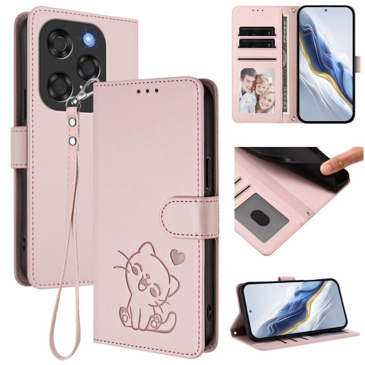 Embossed Heart Cat Leather Phone Case with Hand Strap, For Coolpad C16, For Coolpad X100, For Coolpad Cool 40i
