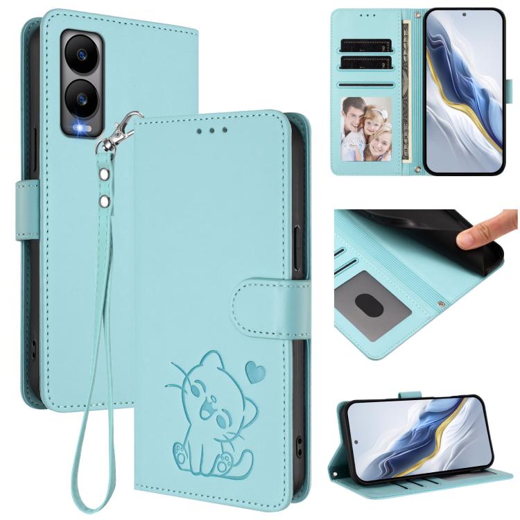 Embossed Heart Cat Leather Phone Case with Hand Strap, For Cricket Icon Plus 2026 / Icon 7 5G, For Cricket Icon 6 / AT&T Verge, For Cricket Magic 2 5G / AT&T Propel 2 5G, For Cricket Debut S3, For Cricket Outlast 5G 2024