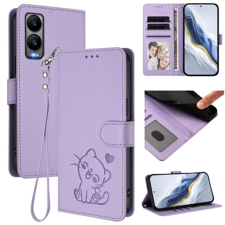 Embossed Heart Cat Leather Phone Case with Hand Strap, For Cricket Icon Plus 2026 / Icon 7 5G, For Cricket Icon 6 / AT&T Verge, For Cricket Magic 2 5G / AT&T Propel 2 5G, For Cricket Debut S3, For Cricket Outlast 5G 2024