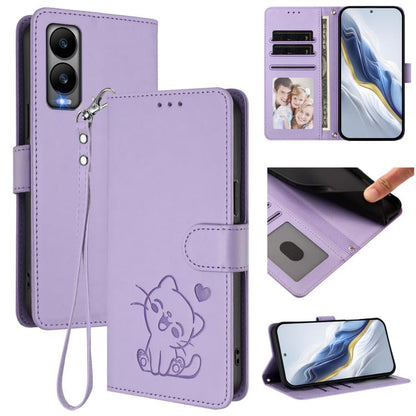 Embossed Heart Cat Leather Phone Case with Hand Strap, For Cricket Icon Plus 2026 / Icon 7 5G, For Cricket Icon 6 / AT&T Verge, For Cricket Magic 2 5G / AT&T Propel 2 5G, For Cricket Debut S3, For Cricket Outlast 5G 2024