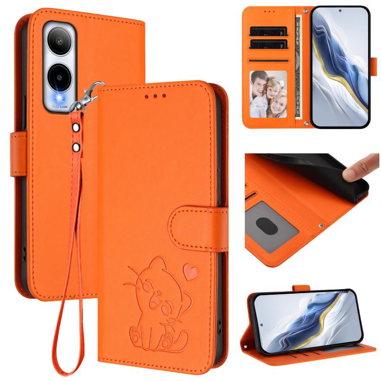 Embossed Heart Cat Leather Phone Case with Hand Strap, For Cricket Icon Plus 2026 / Icon 7 5G, For Cricket Icon 6 / AT&T Verge, For Cricket Magic 2 5G / AT&T Propel 2 5G, For Cricket Debut S3, For Cricket Outlast 5G 2024