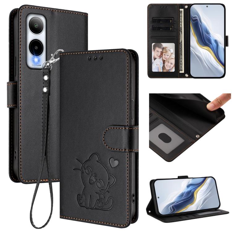 Embossed Heart Cat Leather Phone Case with Hand Strap, For Cricket Icon Plus 2026 / Icon 7 5G, For Cricket Icon 6 / AT&T Verge, For Cricket Magic 2 5G / AT&T Propel 2 5G, For Cricket Debut S3, For Cricket Outlast 5G 2024