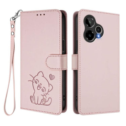 Embossed Heart Cat Leather Phone Case with Hand Strap, For Cricket Icon Plus 2026 / Icon 7 5G, For Cricket Icon 6 / AT&T Verge, For Cricket Magic 2 5G / AT&T Propel 2 5G, For Cricket Debut S3, For Cricket Outlast 5G 2024