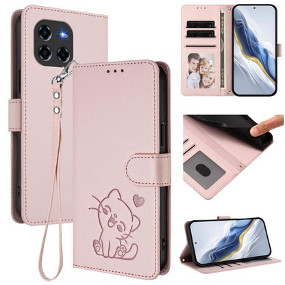 Embossed Heart Cat Leather Phone Case with Hand Strap, For Doogee Note 56 / Note 56 Pro, For Doogee N60 Pro, For Doogee Note 59 / Note 59 Pro, For Doogee Note 58 / Note 58 Pro, For Doogee Blade GT, For Doogee N55 / N55 Plus
