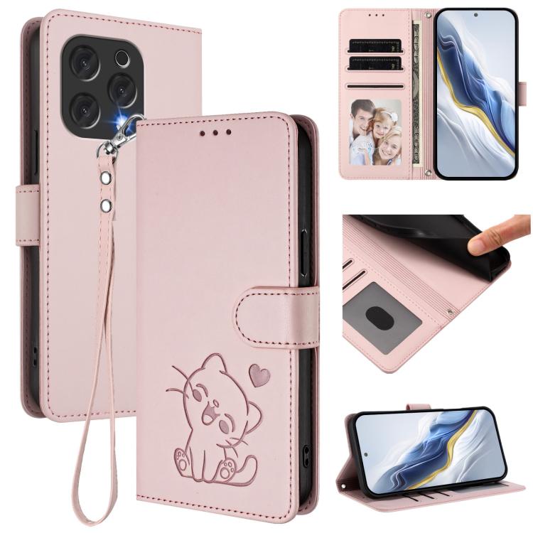 Embossed Heart Cat Leather Phone Case with Hand Strap, For Doogee Note 56 / Note 56 Pro, For Doogee N60 Pro, For Doogee Note 59 / Note 59 Pro, For Doogee Note 58 / Note 58 Pro, For Doogee Blade GT, For Doogee N55 / N55 Plus