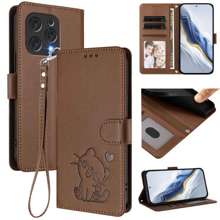 Embossed Heart Cat Leather Phone Case with Hand Strap, For Doogee Note 56 / Note 56 Pro, For Doogee N60 Pro, For Doogee Note 59 / Note 59 Pro, For Doogee Note 58 / Note 58 Pro, For Doogee Blade GT, For Doogee N55 / N55 Plus