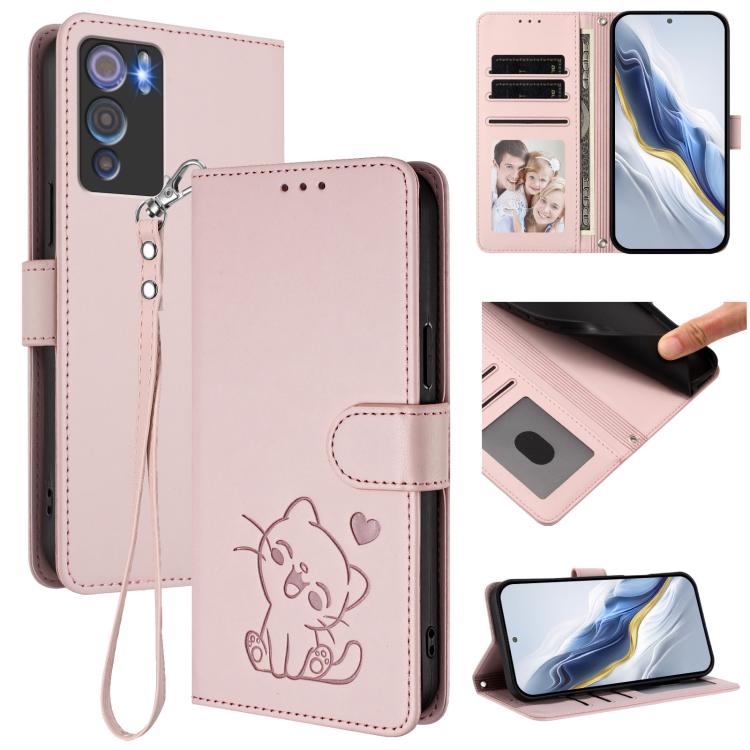 Embossed Heart Cat Leather Phone Case with Hand Strap, For Doogee Note 56 / Note 56 Pro, For Doogee N60 Pro, For Doogee Note 59 / Note 59 Pro, For Doogee Note 58 / Note 58 Pro, For Doogee Blade GT, For Doogee N55 / N55 Plus
