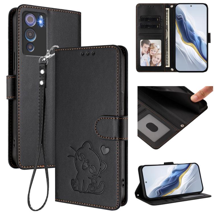 Embossed Heart Cat Leather Phone Case with Hand Strap, For Doogee Note 56 / Note 56 Pro, For Doogee N60 Pro, For Doogee Note 59 / Note 59 Pro, For Doogee Note 58 / Note 58 Pro, For Doogee Blade GT, For Doogee N55 / N55 Plus
