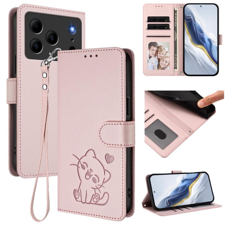 Embossed Heart Cat Leather Phone Case with Hand Strap, For Doogee Note 56 / Note 56 Pro, For Doogee N60 Pro, For Doogee Note 59 / Note 59 Pro, For Doogee Note 58 / Note 58 Pro, For Doogee Blade GT, For Doogee N55 / N55 Plus