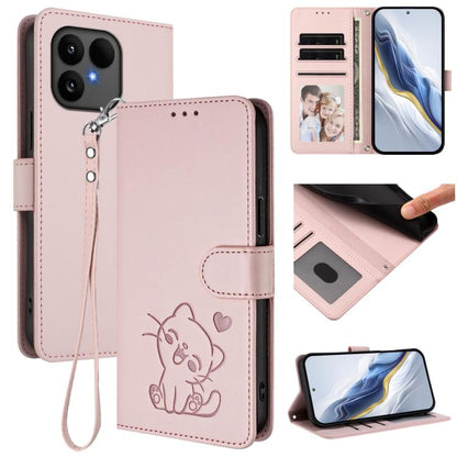 Embossed Heart Cat Leather Phone Case with Hand Strap, For Fairphone 6, For Fairphone 5
