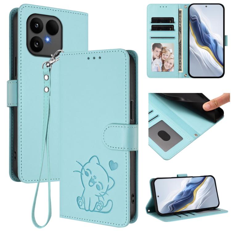 Embossed Heart Cat Leather Phone Case with Hand Strap, For Fairphone 6, For Fairphone 5