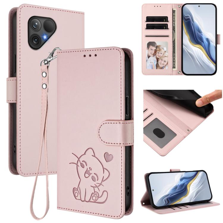 Embossed Heart Cat Leather Phone Case with Hand Strap, For Fairphone 6, For Fairphone 5