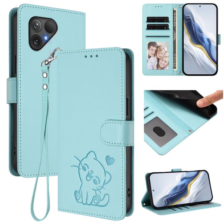 Embossed Heart Cat Leather Phone Case with Hand Strap, For Fairphone 6, For Fairphone 5