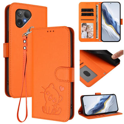 Embossed Heart Cat Leather Phone Case with Hand Strap, For Fairphone 6, For Fairphone 5