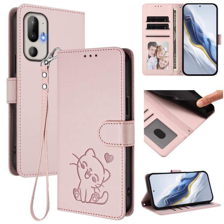 Embossed Heart Cat Leather Phone Case with Hand Strap, For HTC U24 Pro