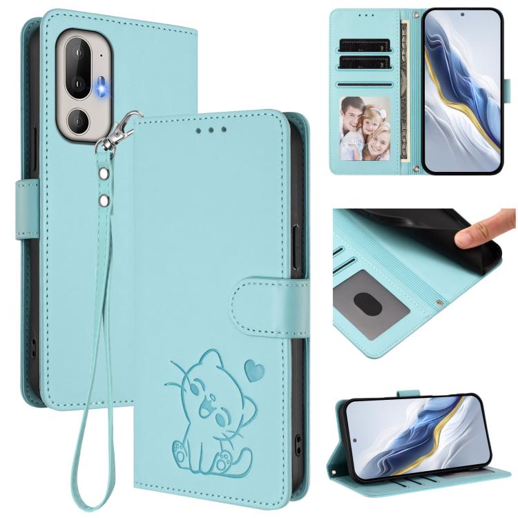 Embossed Heart Cat Leather Phone Case with Hand Strap, For HTC U24 Pro