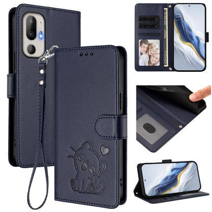 Embossed Heart Cat Leather Phone Case with Hand Strap, For HTC U24 Pro