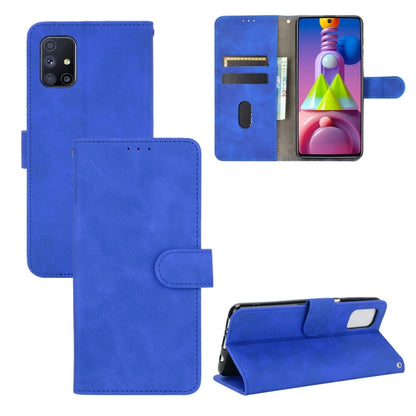 Blue PU leather flip wallet case with magnetic clasp, card slots, and stand