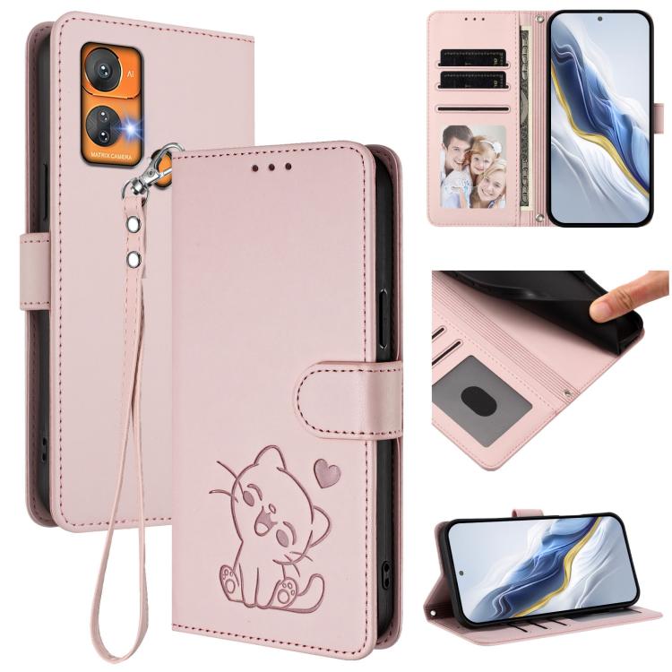 Embossed Heart Cat Leather Phone Case with Hand Strap, For Oukitel C38, For Oukitel C35, For Oukitel C33