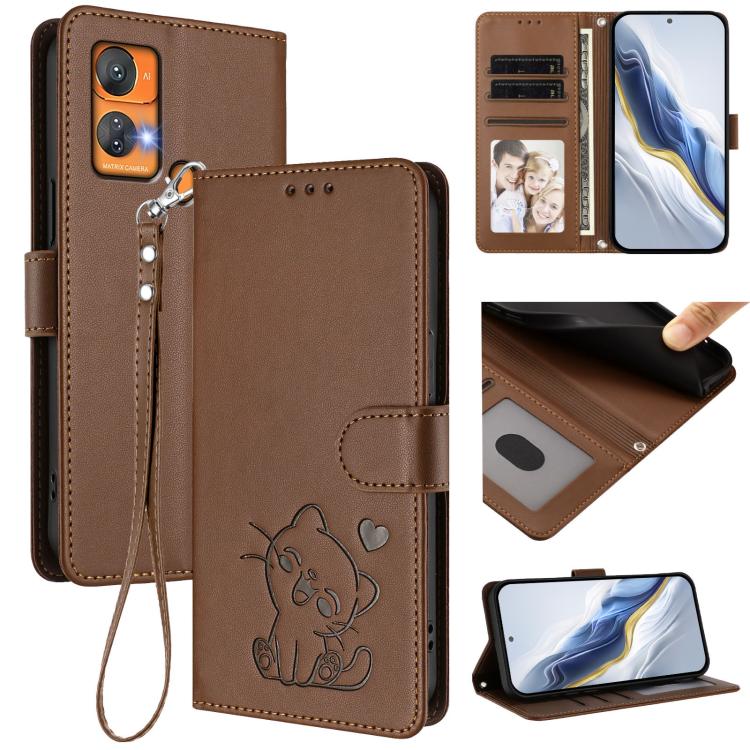 Embossed Heart Cat Leather Phone Case with Hand Strap, For Oukitel C38, For Oukitel C35, For Oukitel C33